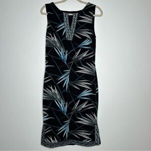NWT White House Black Market Black and Blue Leaf Print Jersey Midi Dress Size S